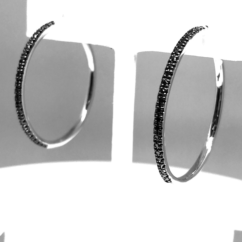 1.5” STERLING SILVER & BLACK DIAMOND HOOP EARRINGS